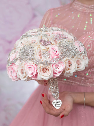 Light Pink Silver quinceanera bouquet 13 inches