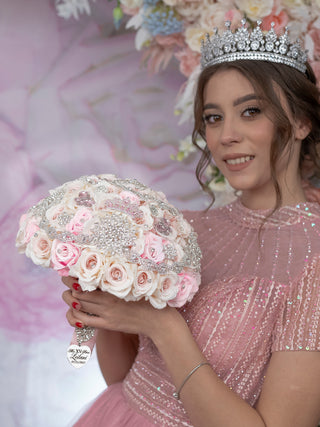 Light Pink Silver quinceanera bouquet 13 inches