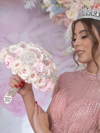 Light Pink Silver quinceanera bouquet 13 inches
