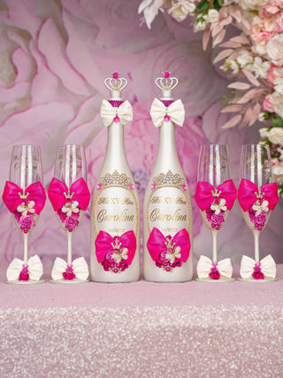 Fuchsia Bow quinceanera cake knife set with 1 glass