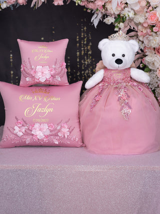 Dusty Rose Quinceanera theme pillows set, guest book with album de fotos