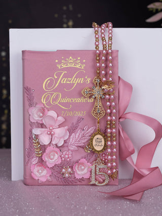 Dusty Rose Quinceanera Bible with Rosary (in english)