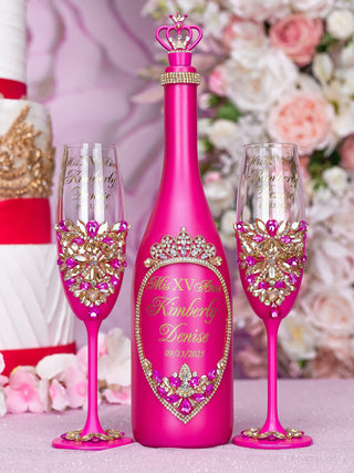 Fuchsia with gold Quinceanera bible, rosary and guest book