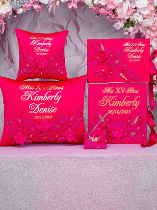 Fuchsia with gold Quinceanera pillows set, guest book with album de fotos