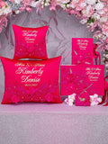 Fuchsia with gold Quinceanera package of pillows set, Bible and guest book