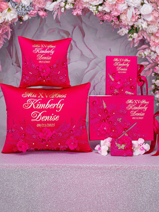 Fuchsia with gold Quinceanera package of pillows set, Bible and guest book