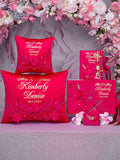 Fuchsia with gold Quinceanera package of pillows set, Bible, rosary and guest book
