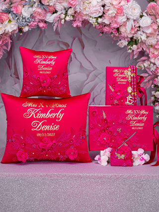 Fuchsia with gold Quinceanera package of pillows set, Bible, rosary and guest book