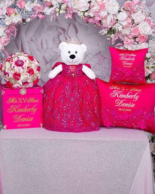 Fuchsia with gold Quinceanera bible and guest book