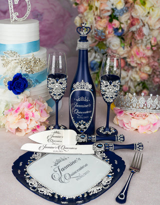 Navy Blue with silver quinceanera bottle with 1 glass