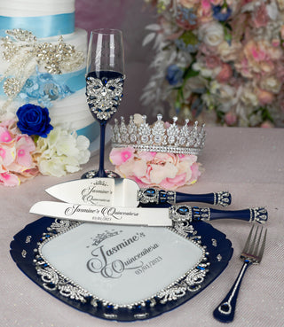 Navy Blue with silver quinceanera cake knife set with plate and fork