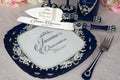Navy Blue with silver quinceanera cake knife set with plate and fork