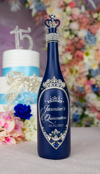 Navy Blue with silver quinceanera brindis package with bottle