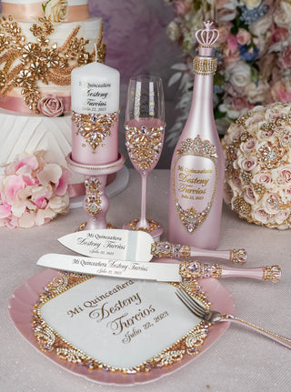 Pink with Gold quinceanera brindis package with bottle and candle