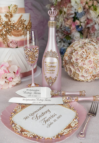 Pink and Gold quinceanera brindis package with bottle