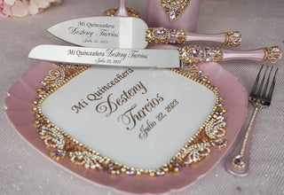 Pink and Gold quinceanera cake knife set with plate and fork
