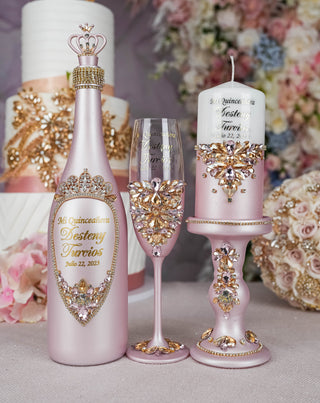 Rose Gold quinceanera cake knife set with plate and fork