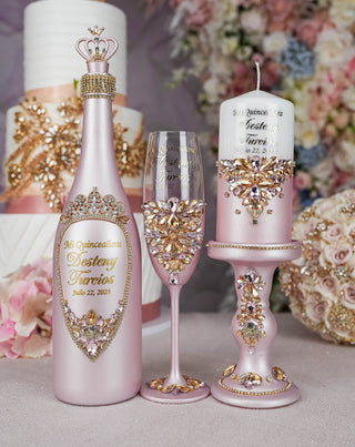 Pink and Gold quinceanera package of bottle, glass and candle