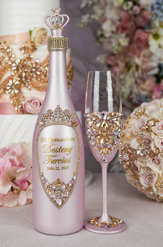 Pink and Gold quinceanera bottle with 1 glass