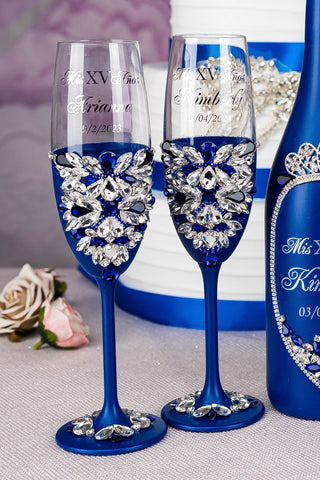 Royal blue silver 2 quinceanera champagne glasses