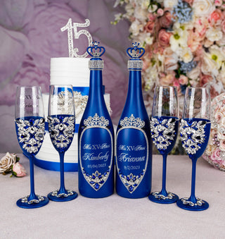 Royal blue silver quinceanera cake knife set with 1 glass