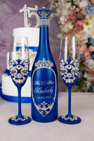 Royal Blue Silver Quinceanera Bottle with 4 Glasses