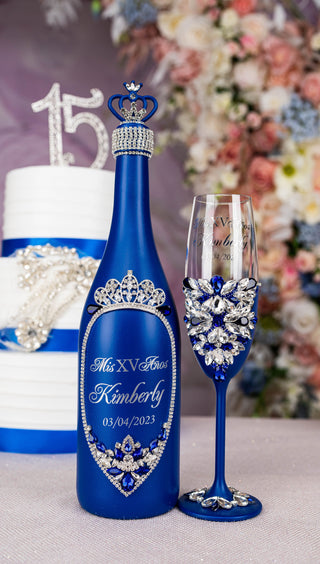 Royal blue silver quinceanera bottle with 1 glass