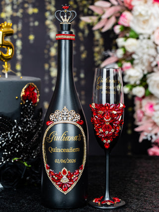 Black with Red Quinceanera Bottle with 1 Glass