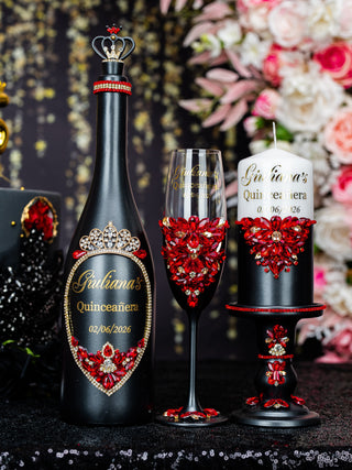 Black with Red Quinceanera Bottle with 1 Glass