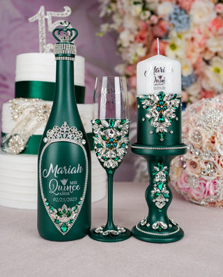 Green with Silver quinceanera brindis package with bottle and candle