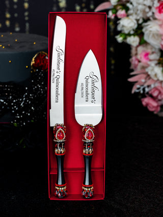 Black with Red quinceanera cake knife and server