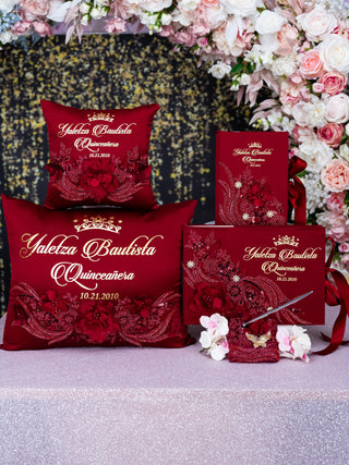 Burgundy with Gold Quinceanera theme pillows set, guest book with album de fotos