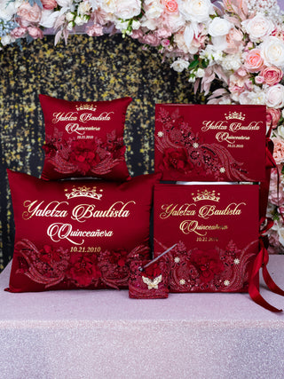 Burgundy with Gold Quinceanera theme package of pillows set, Bible and guest book