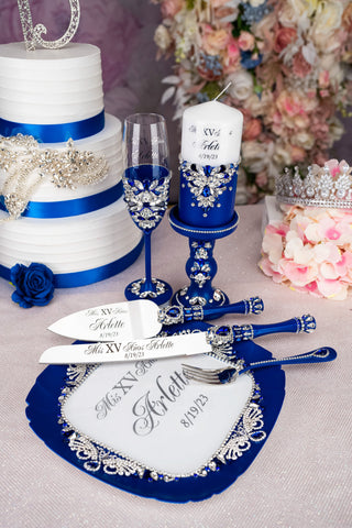 Royal blue silver quinceanera brindis package with bottle and candle