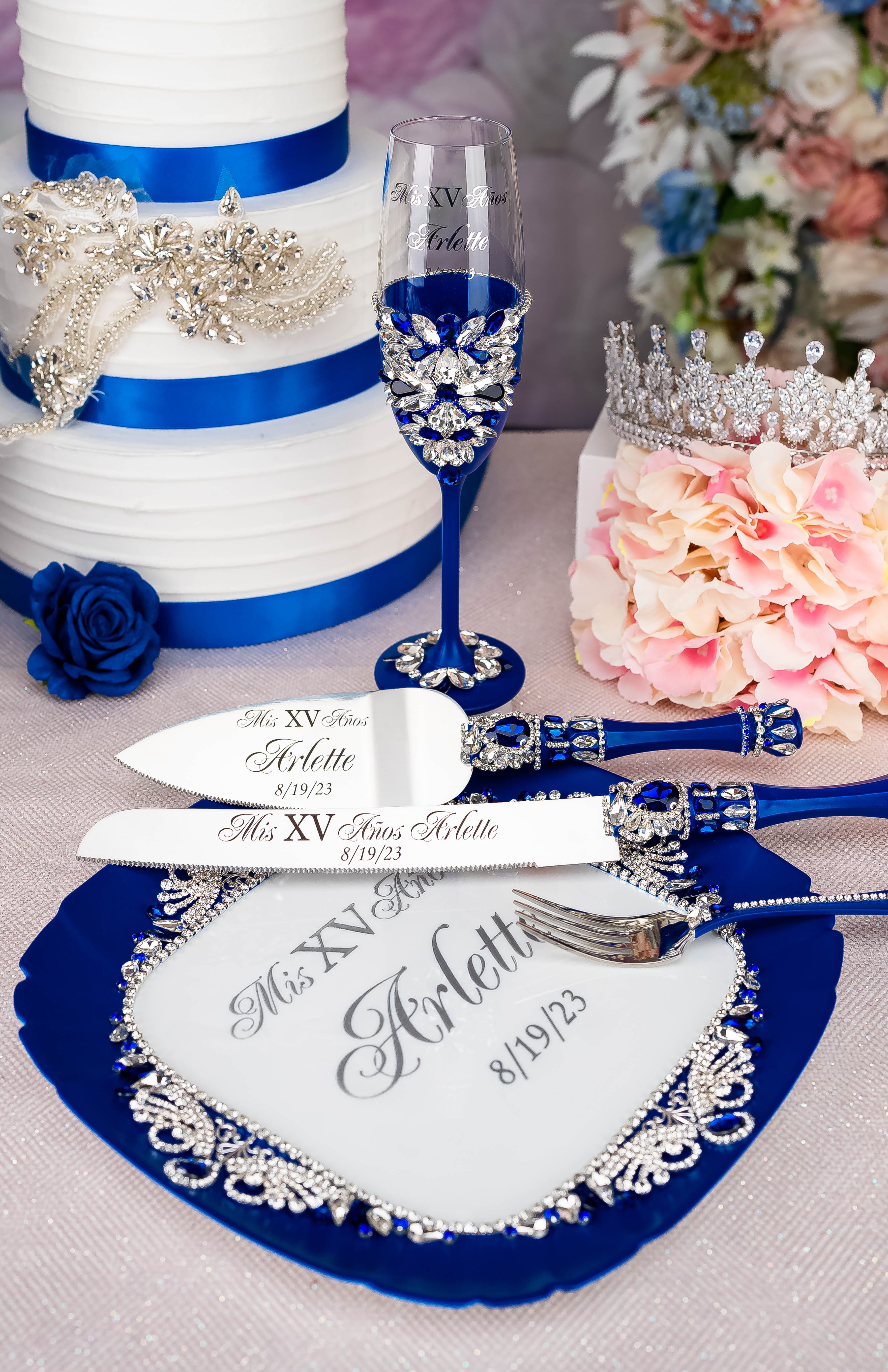 Royal blue silver quinceanera cake knife set with 1 glass | Sweet 16 /  quinceanera-decor