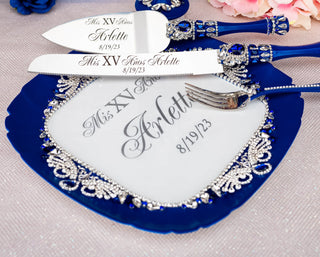Royal blue silver quinceanera cake knife set with plate and fork