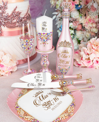 Pink Iridescent quinceanera bottle with 1 glass
