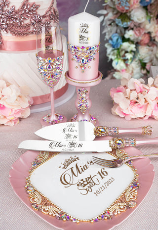 Pink Iridescent quinceanera brindis package with candle