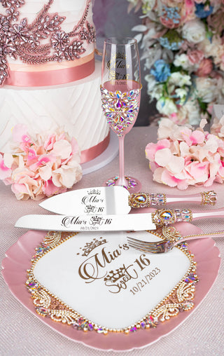 Pink Iridescent quinceanera cake knife set with 1 glass