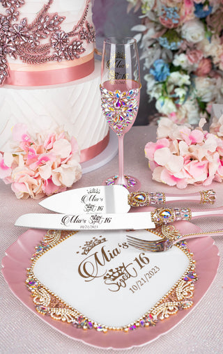 Pink Iridescent quinceanera cake knife and server