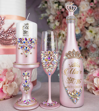 Pink Iridescent quinceanera brindis package with bottle and candle