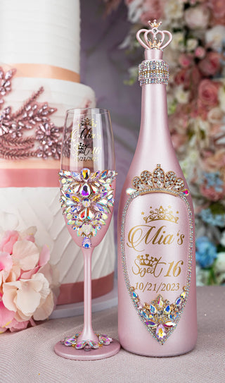 Pink Iridescent quinceanera brindis package with bottle and candle