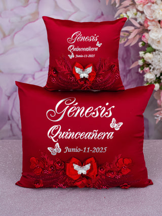 Wine red with silver Quinceanera package of pillows set, Bible and album de fotos