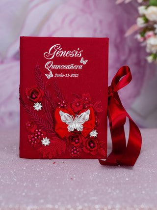 Wine red with silver Quinceanera package of pillows set, Bible and album de fotos