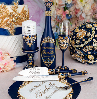 Navy blue with gold quinceanera brindis package with bottle