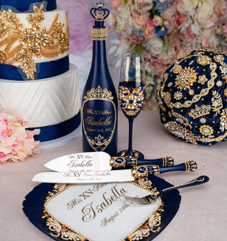 Navy blue with gold quinceanera brindis package with bottle