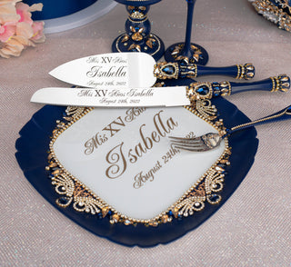 Navy Blue with gold quinceanera cake knife set with plate and fork