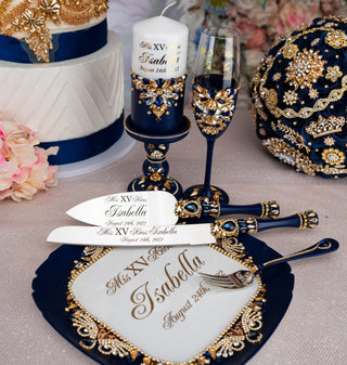 Navy blue with gold quinceanera brindis package with bottle and candle