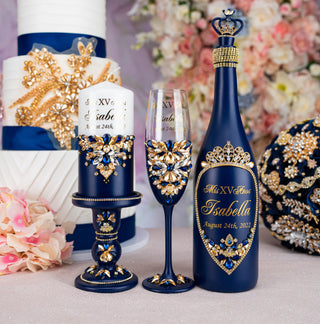 Navy blue with gold quinceanera brindis package with bottle and candle