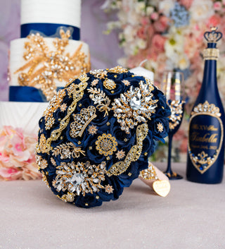 Navy blue with gold quinceanera bouquet 13 inches